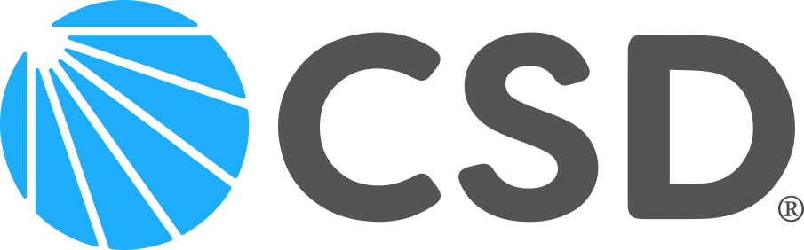 The logo for "CSD" in grey and blue features a stylized sunburst in blue to the left of the text "CSD" in bold, grey letters.
