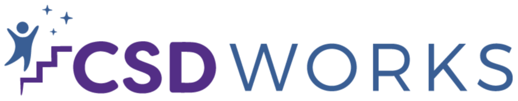 The logo for "CSD Works" in blue and purple features a person climbing stairs with stars above, next to the text "CSD Works" in bold letters with "CSD" in purple and "Works" in blue.